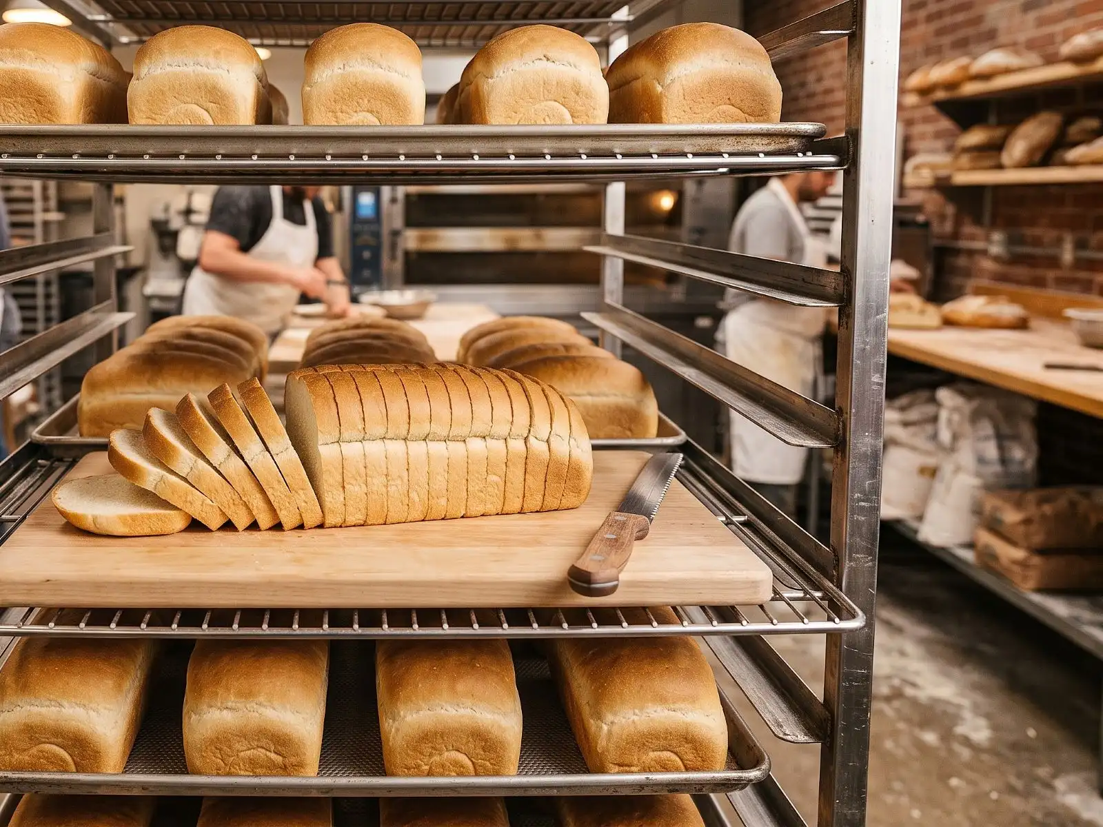 Des miches de pain tout juste sorties du four, posées sur des grilles de refroidissement en acier inoxydable au sein d'une boulangerie industrielle en activité, illustrant la production industrielle de pain où le propionate de calcium encapsulé prolonge la durée de conservation sans risque de moisissure.