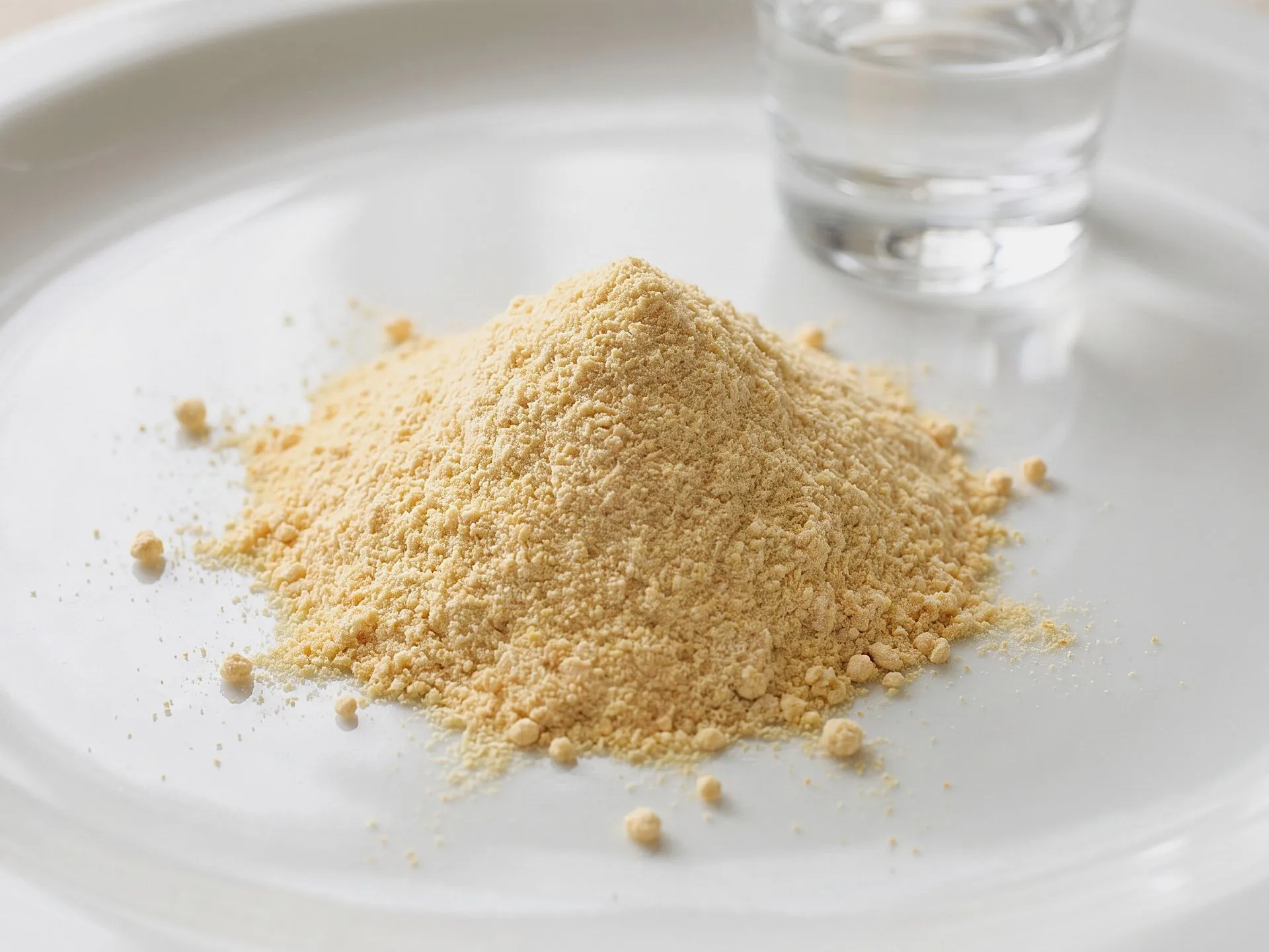 Polvo fino de color cítrico sobre una superficie de cerámica blanca, que ilustra las ventajas del ácido cítrico encapsulado en cuanto a fluidez y estabilidad durante el almacenamiento en formulaciones de bebidas en polvo.