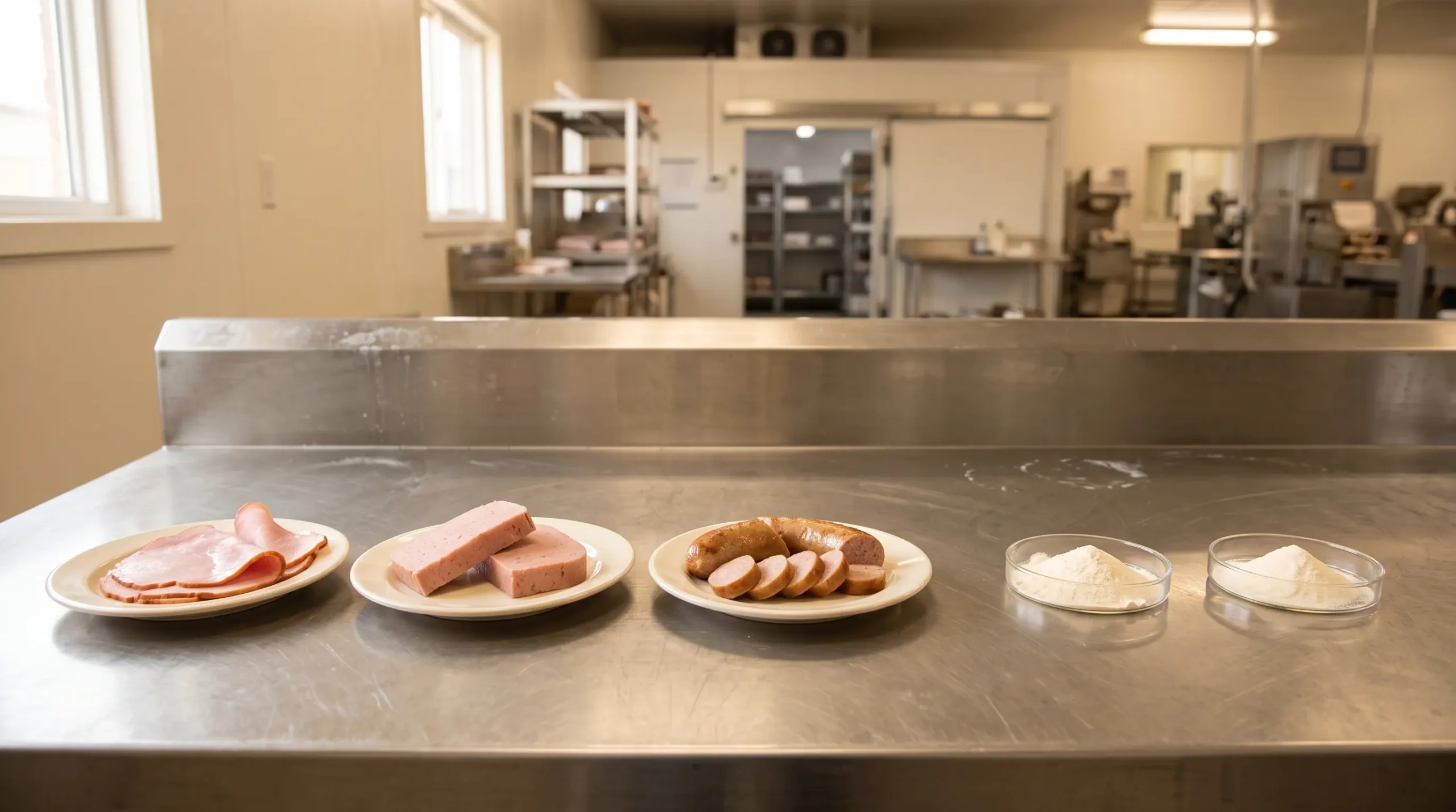 Cooked ham, luncheon meat and white food ingredient powders illustrating sodium lactate and sodium acetate blend application